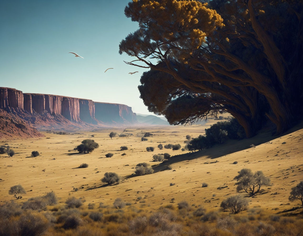 Desert landscape with solitary tree, hills, cliffs, and blue sky