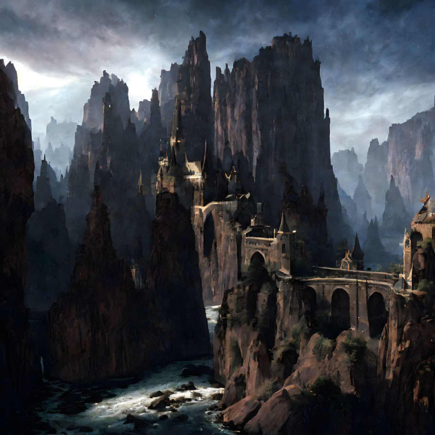 Fantasy castle on cliffs with bridges over river