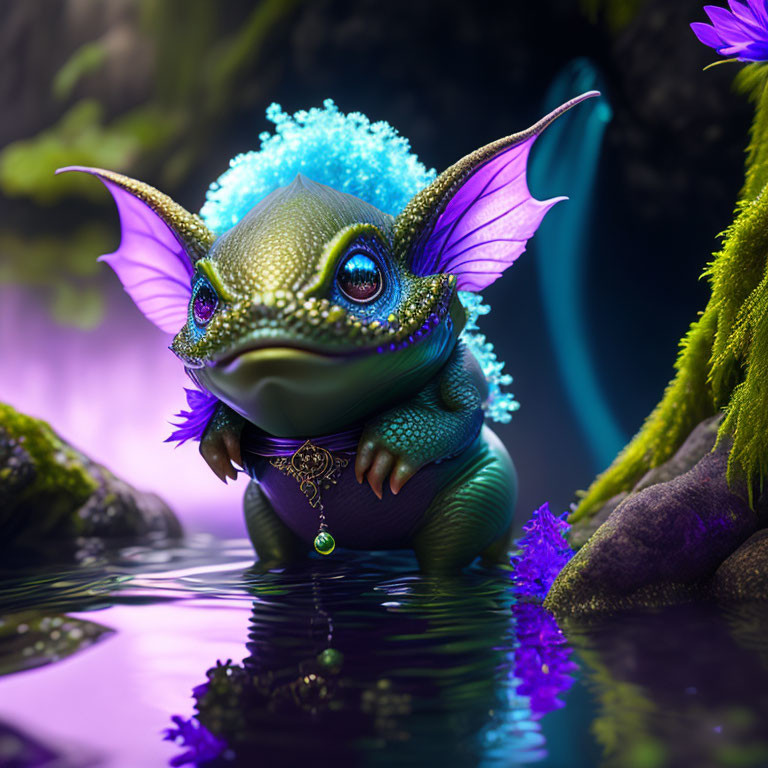 Green-skinned creature with large eyes and purple wings in mystical setting.