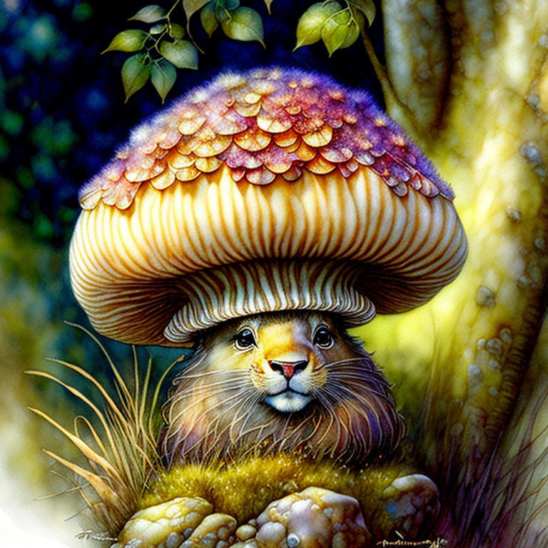 Whimsical rabbit illustration under colorful mushroom in lush foliage