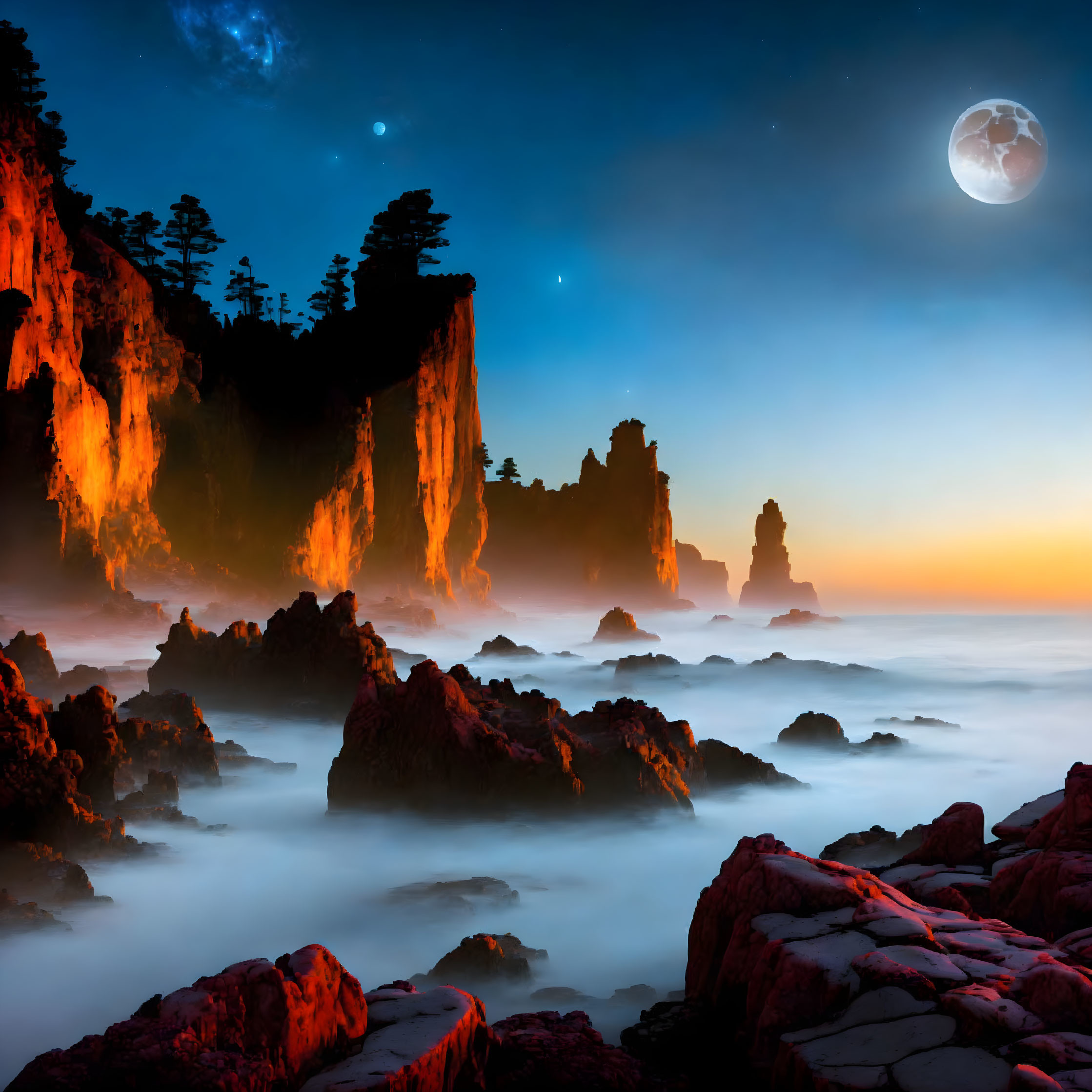 Nighttime seascape with moonlit cliffs and misty waters