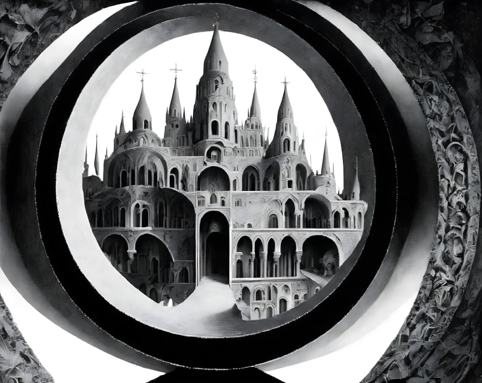 Fantastical monochrome castle with gothic architecture.