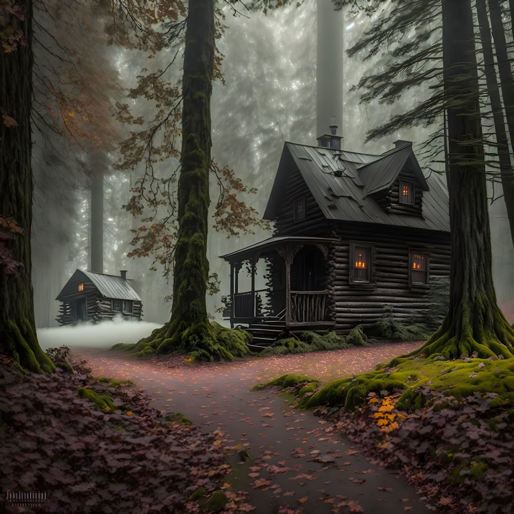 Mystical forest scene with foggy ambiance, wooden cabin, winding path, towering trees, soft