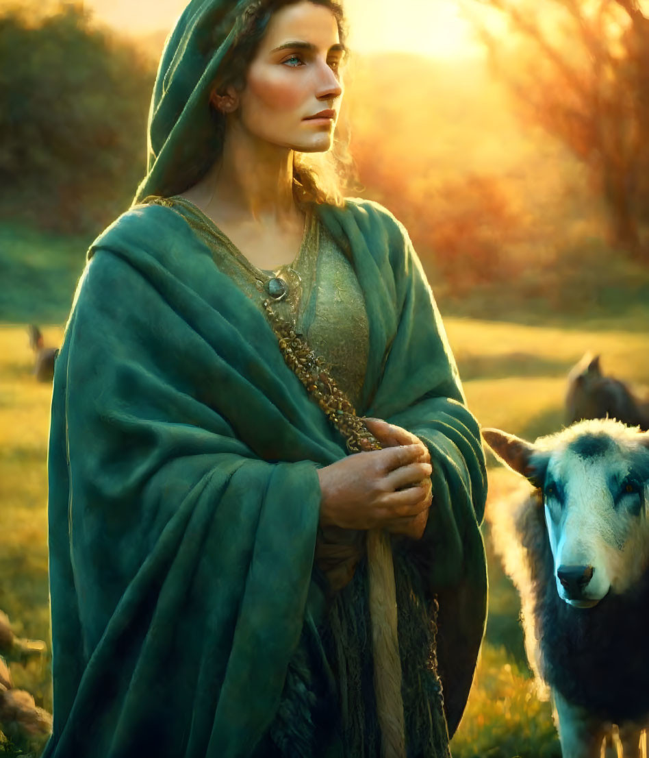 Woman in Green Cloak Contemplating in Sunlit Field with Sheep