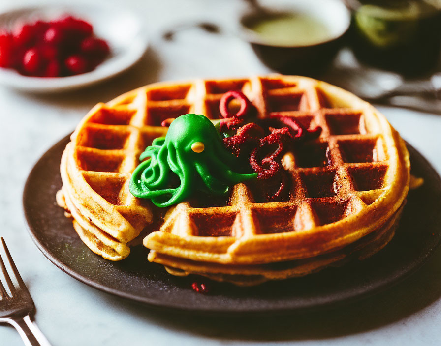 Waffle Plate with Octopus Decoration, Avocado, and Raspberries