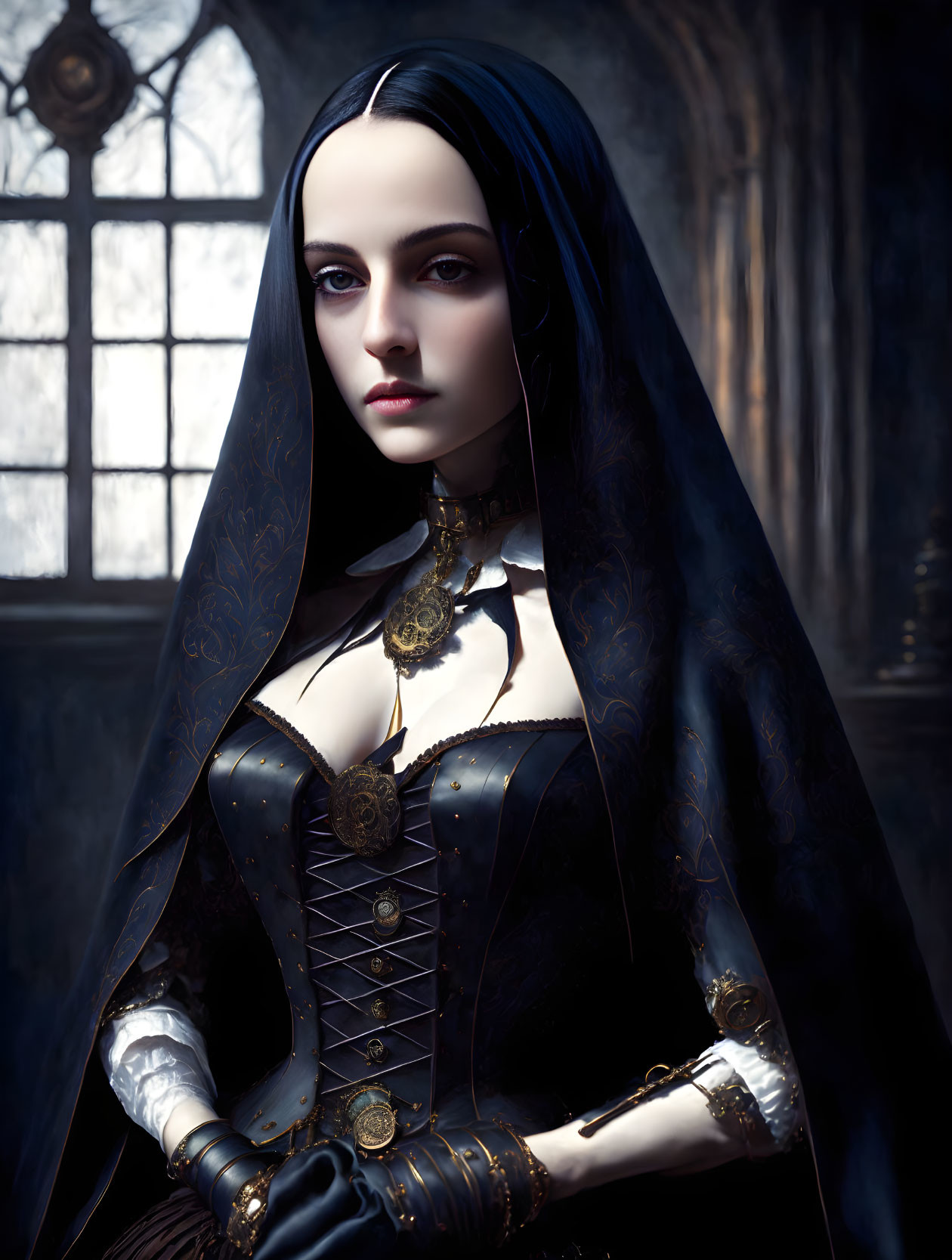 Gothic woman in dark corset and cloak with gold designs in dimly lit room