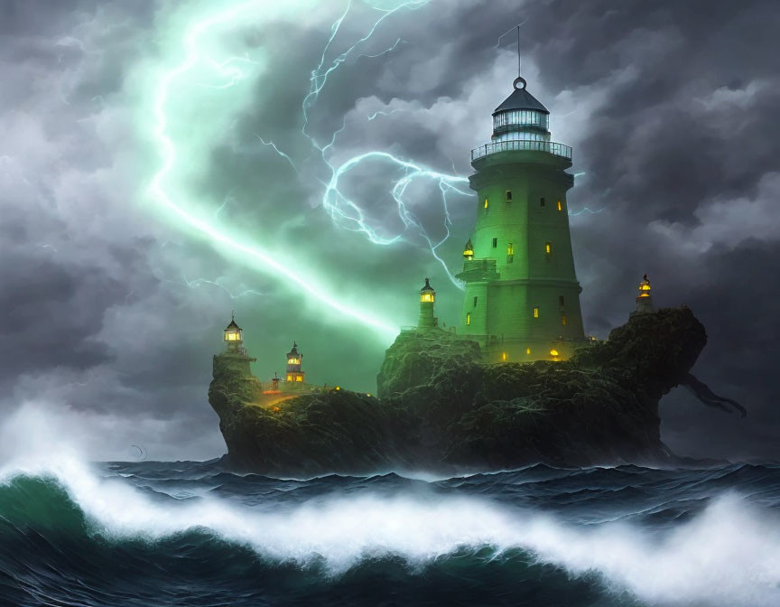 Lighthouse on rugged cliff in stormy sea with lightning bolts