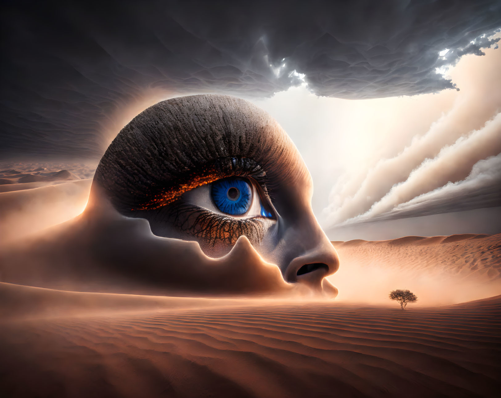 Surreal desert landscape with giant eye and lone tree