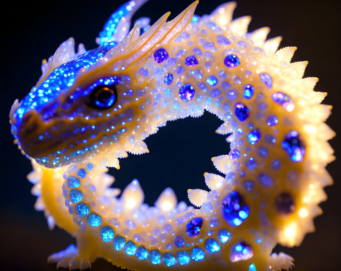 Dragon figurine with blue gems and glowing body on dark background