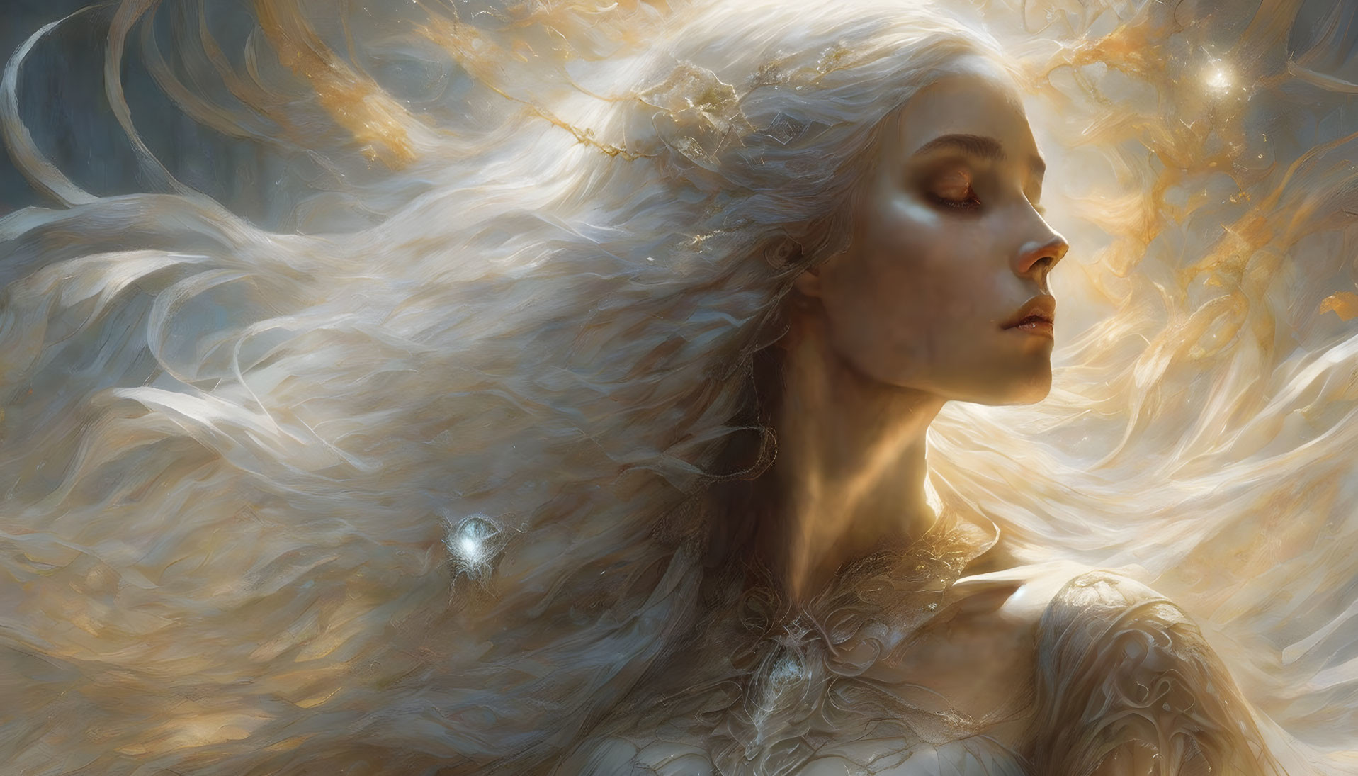 Ethereal woman with white hair in ornate attire and mystical glow.