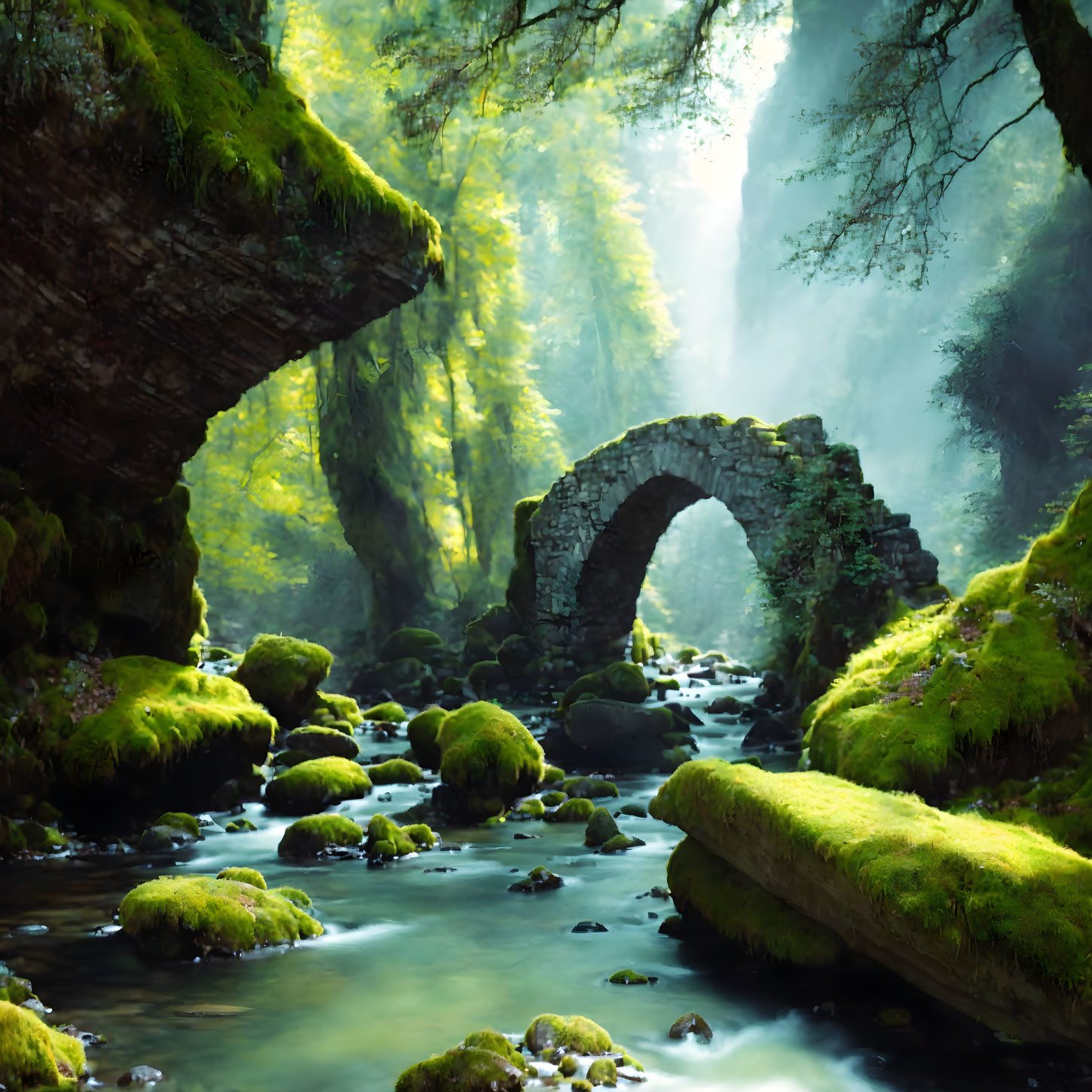 Ancient stone bridge over serene stream in misty forest