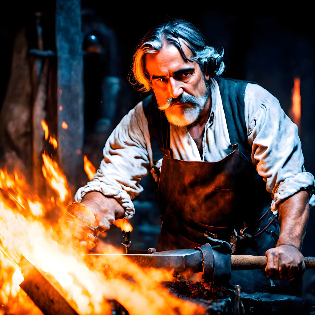 Elderly man in leather apron works with hot metal at fiery forge