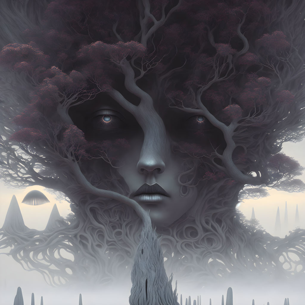 Surreal artwork: face blended into tree, intricate branch hair, haunting eyes, misty mon