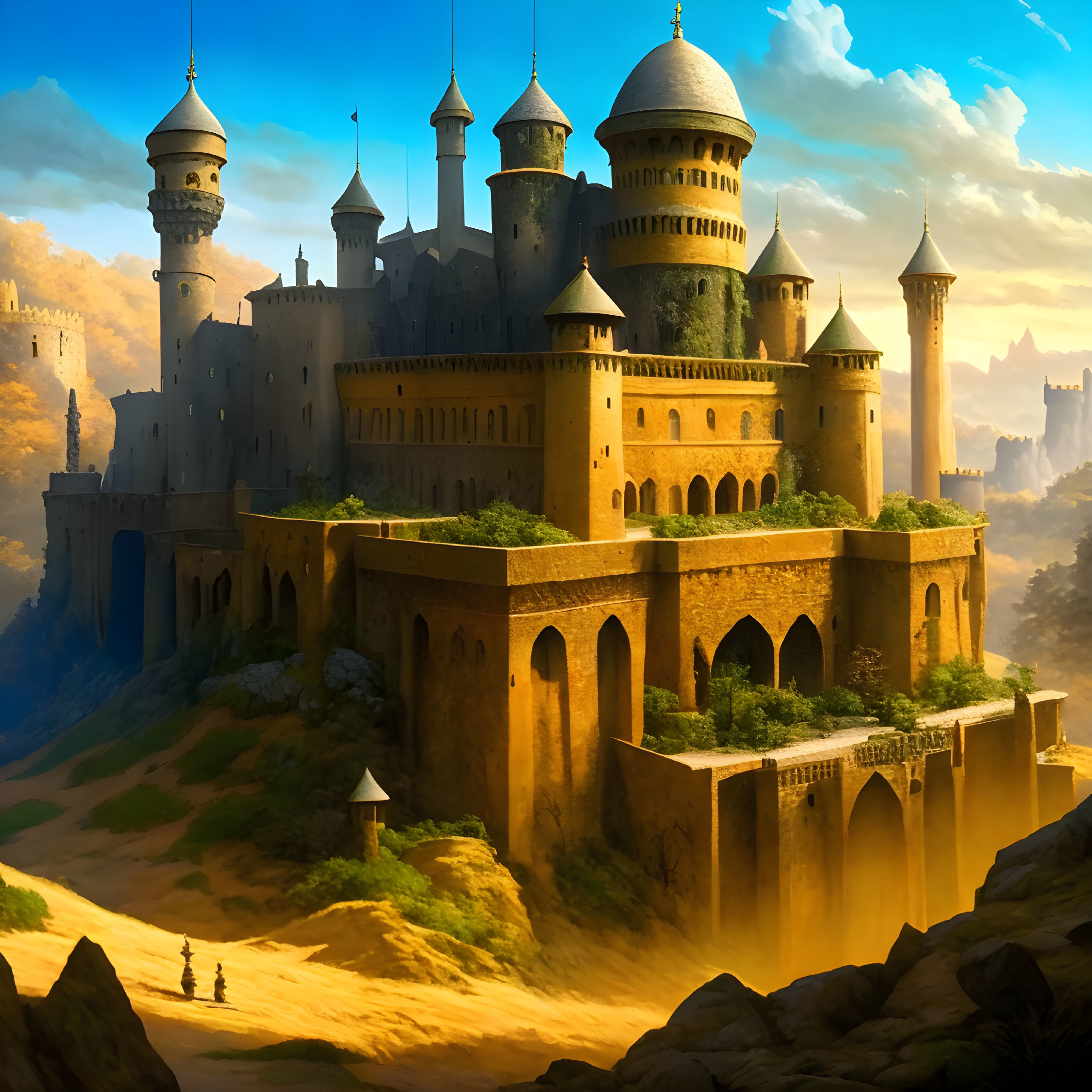 Fantasy castle with towers on cliff in golden sunset landscape