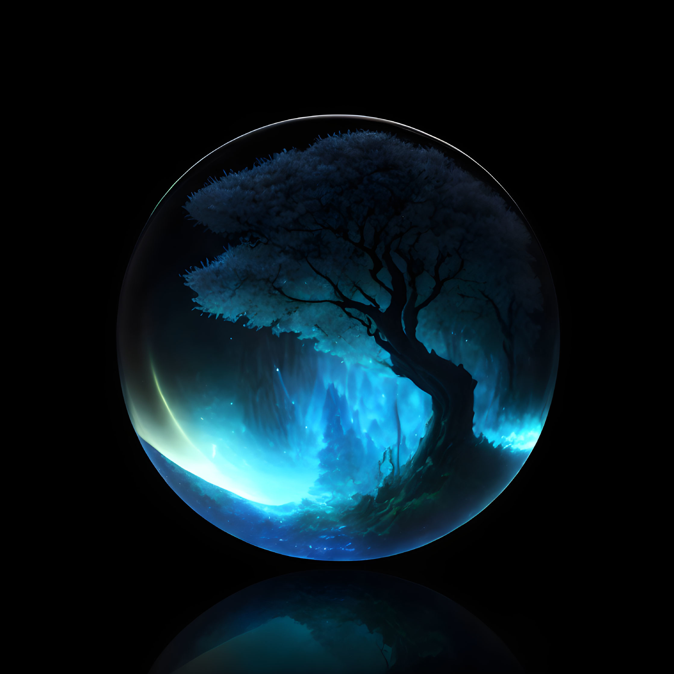 Vivid blue and green mystical landscape in glowing sphere