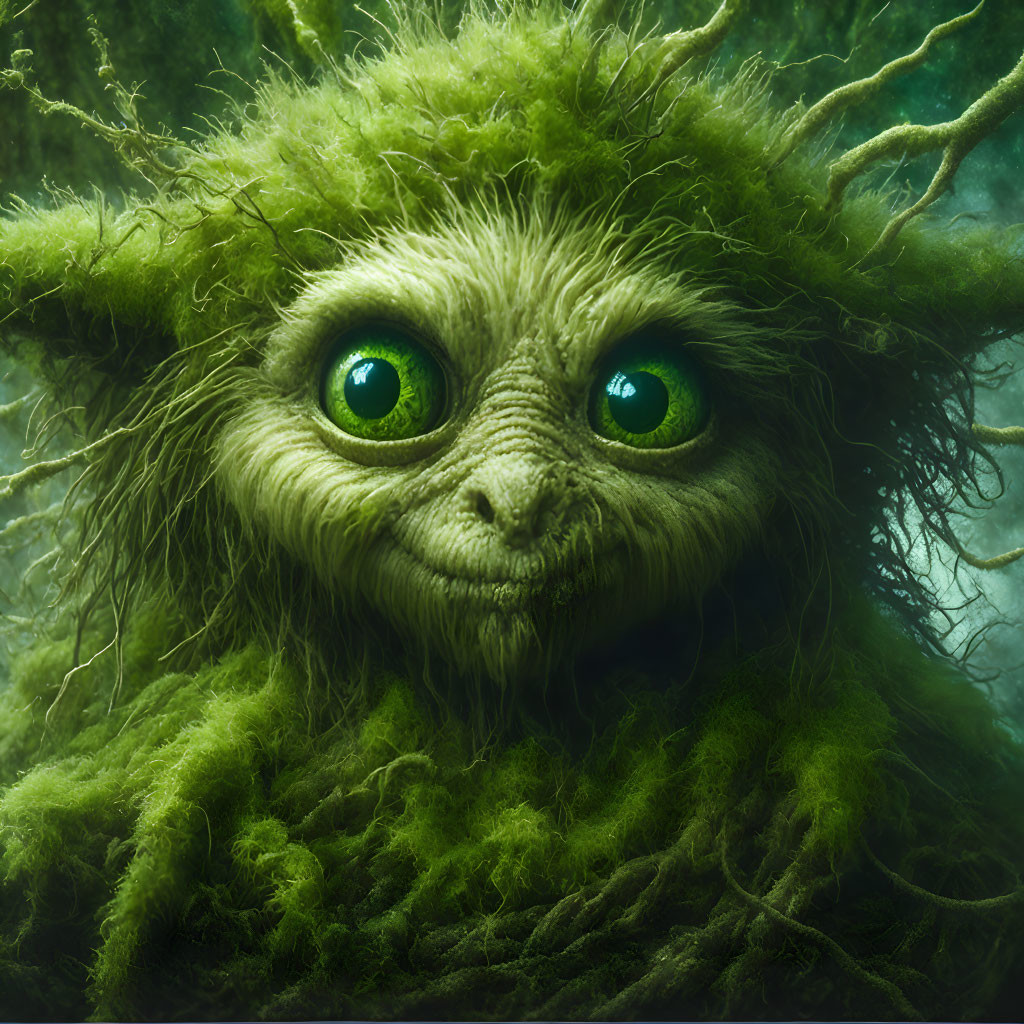 Green furry creature with luminous eyes in woodland setting