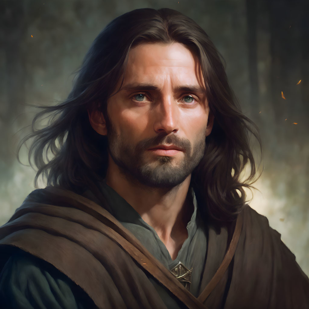 Detailed digital portrait of a man with long brown hair, beard, cloak, and blue eyes