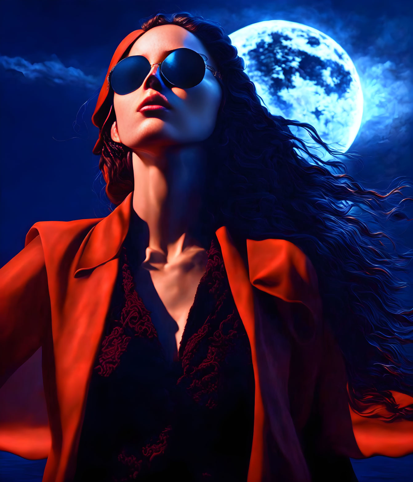 Woman in Red Jacket under Full Moon with Sunglasses