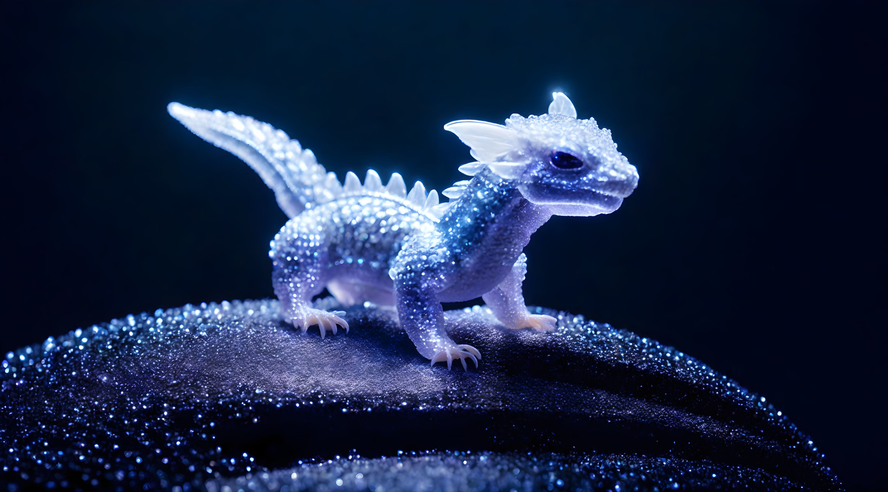 Sparkling Toy Dragon with Luminous Skin and Wings on Glitter-Covered Surface