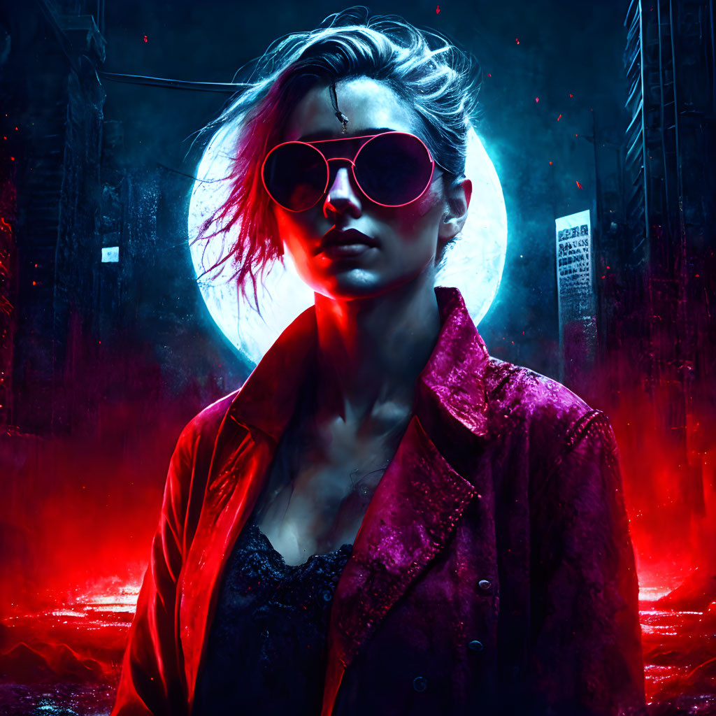 Stylish woman in sunglasses in neon-lit sci-fi urban setting