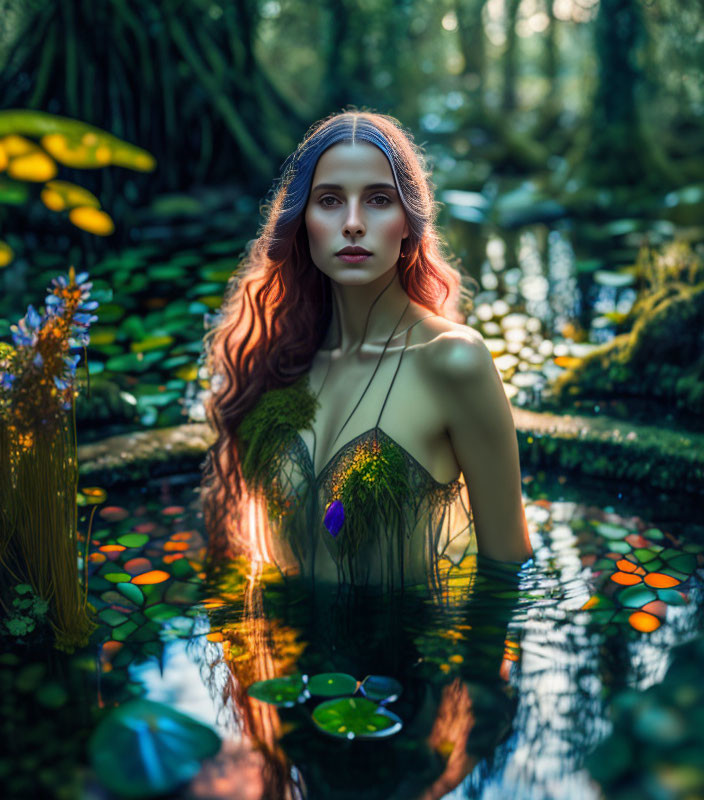 Red-haired woman in serene water garden with colorful leaves and sunlight.