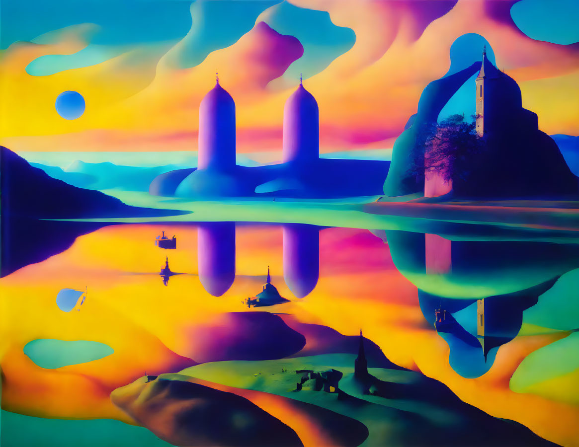 Colorful surreal landscape with fluid shapes and reflections, featuring a person and a dog.