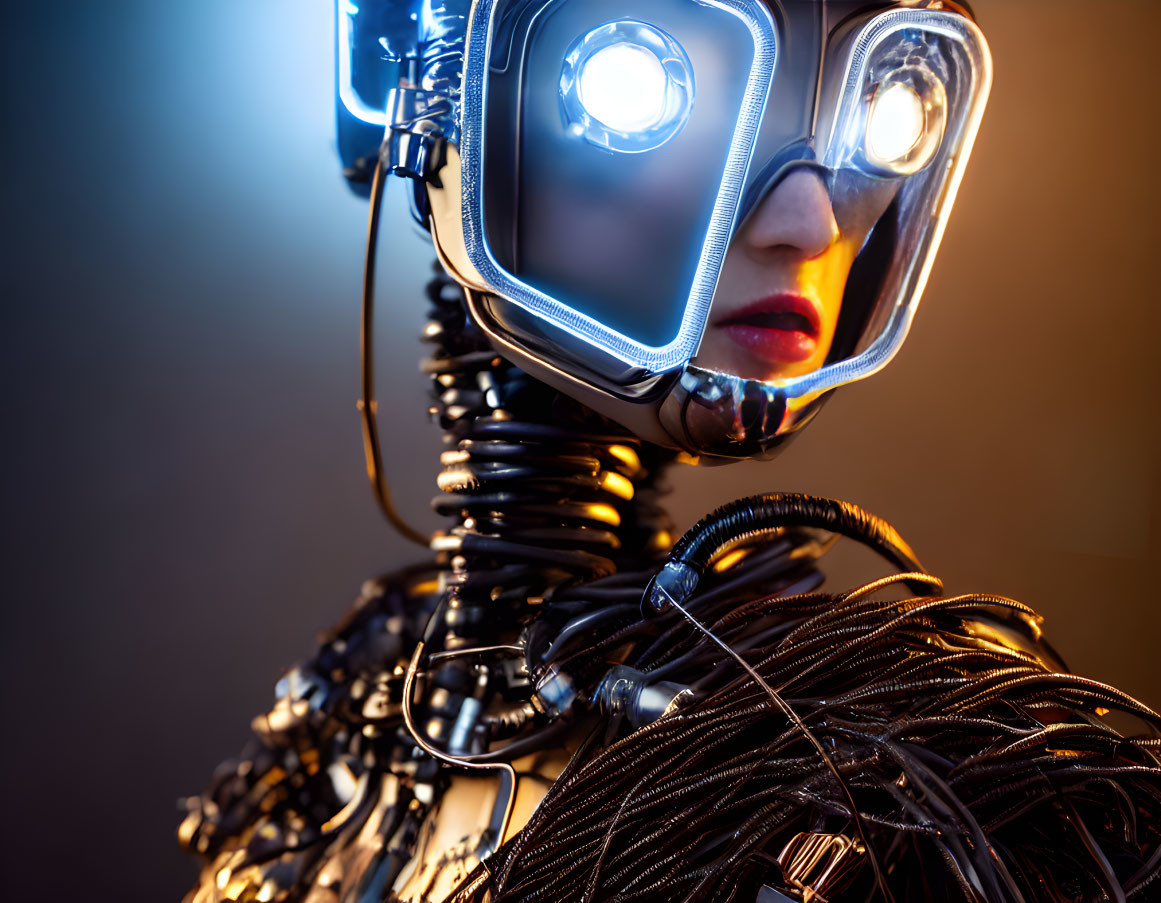 Futuristic Robot with Illuminated Square Eyes and Metal Cables