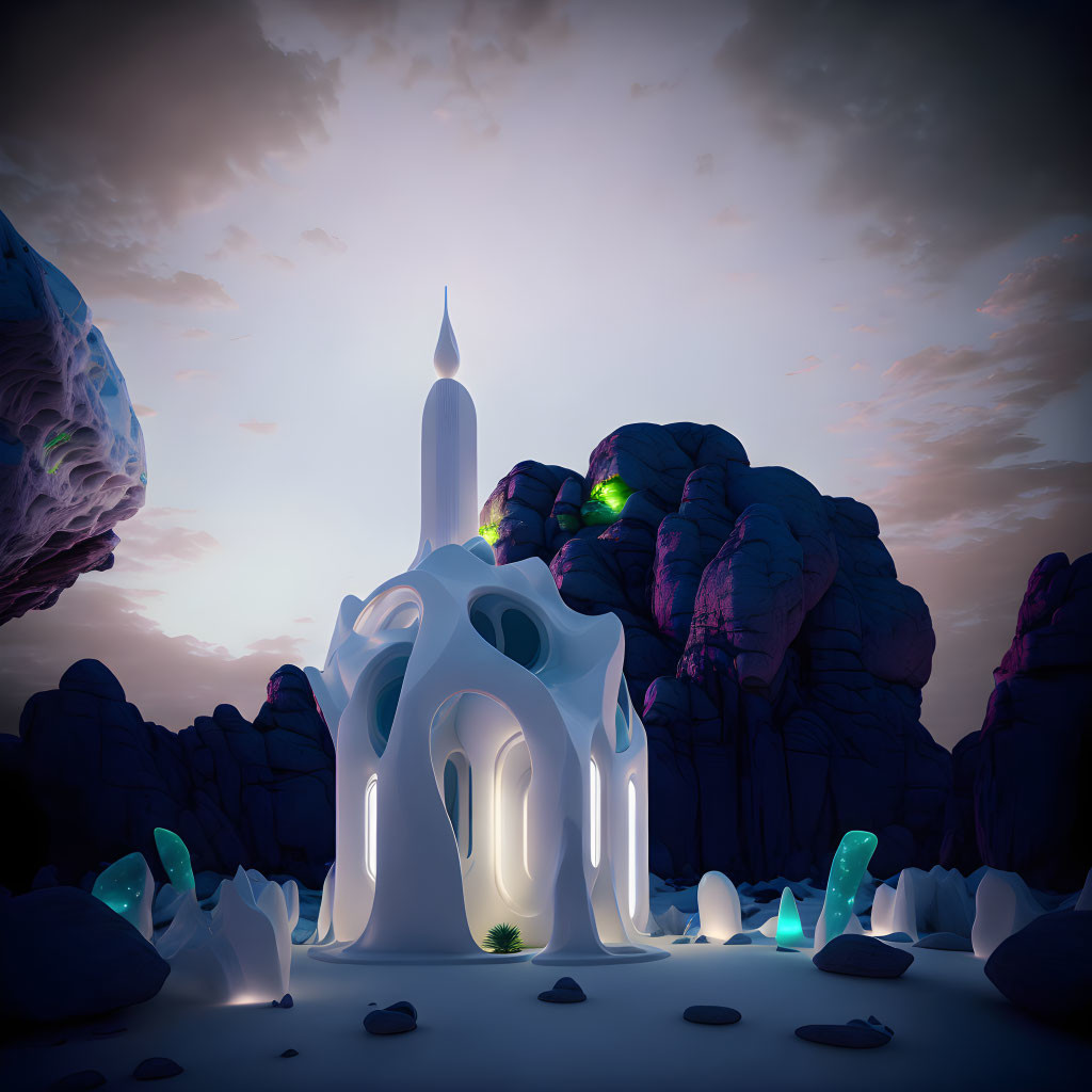 Surreal glowing white structure in fantastical landscape