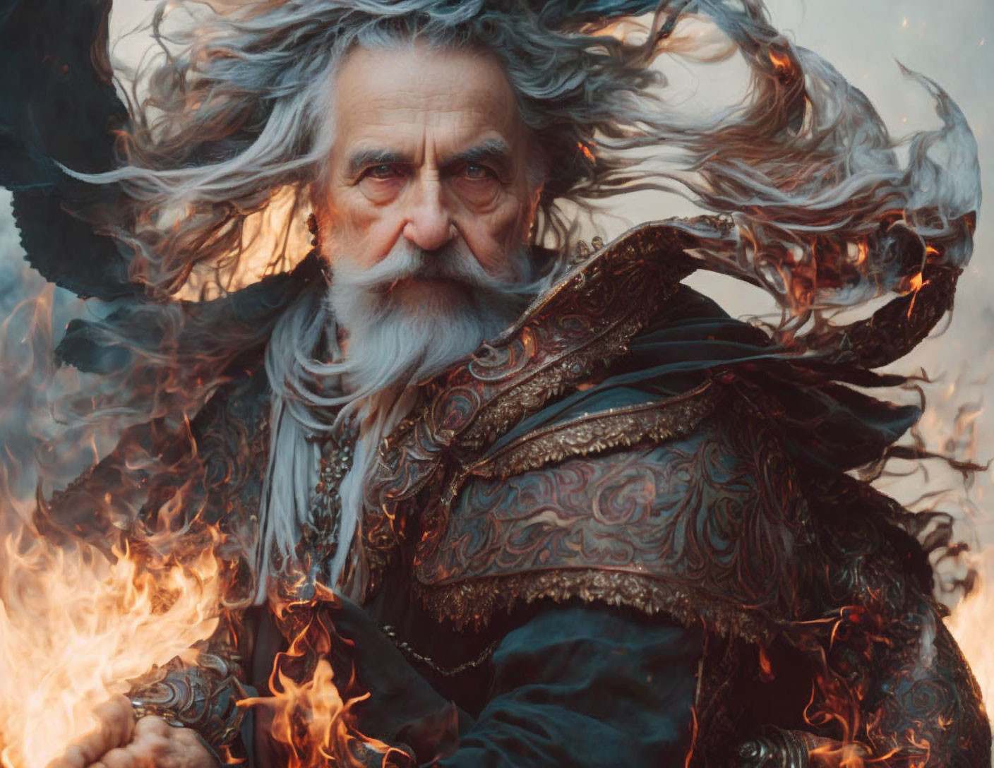 Elderly man with long gray beard in ornate clothing amidst swirling flames