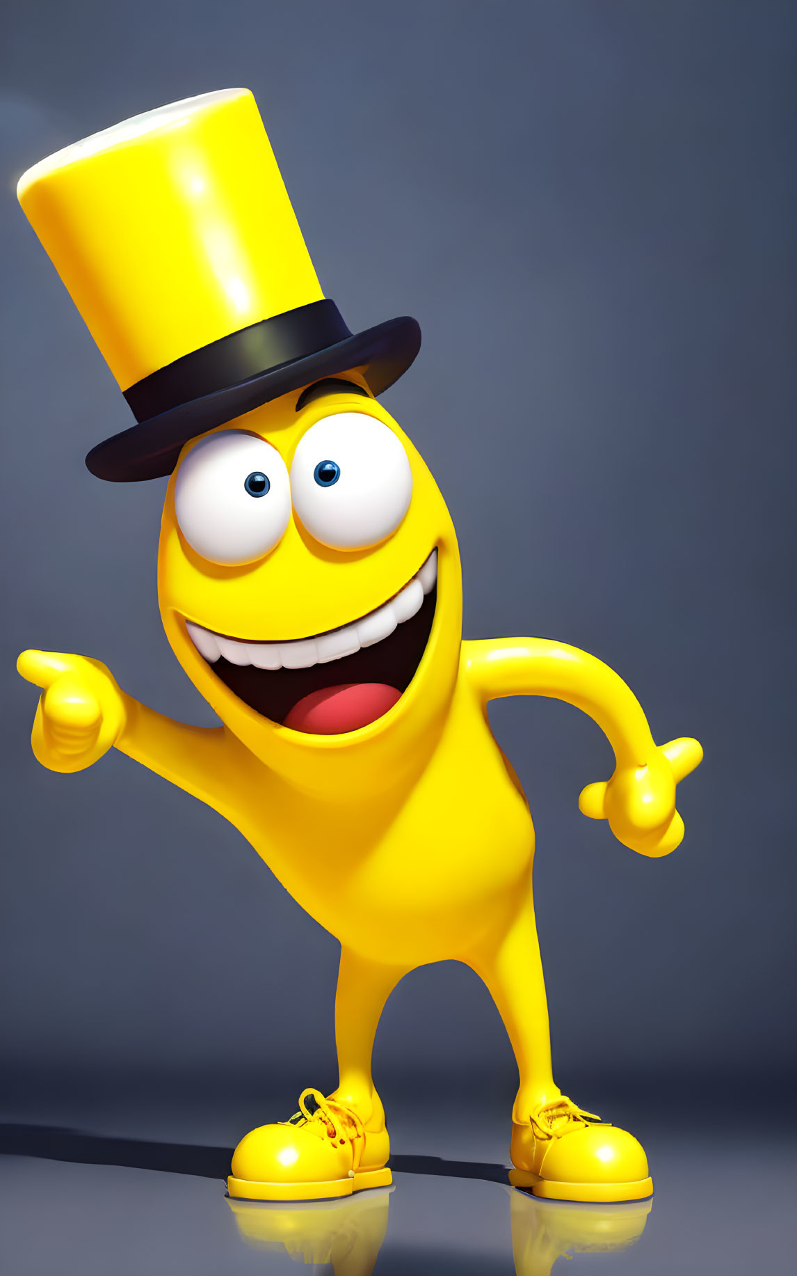 Yellow anthropomorphic figure in top hat and bowtie pointing cheerfully