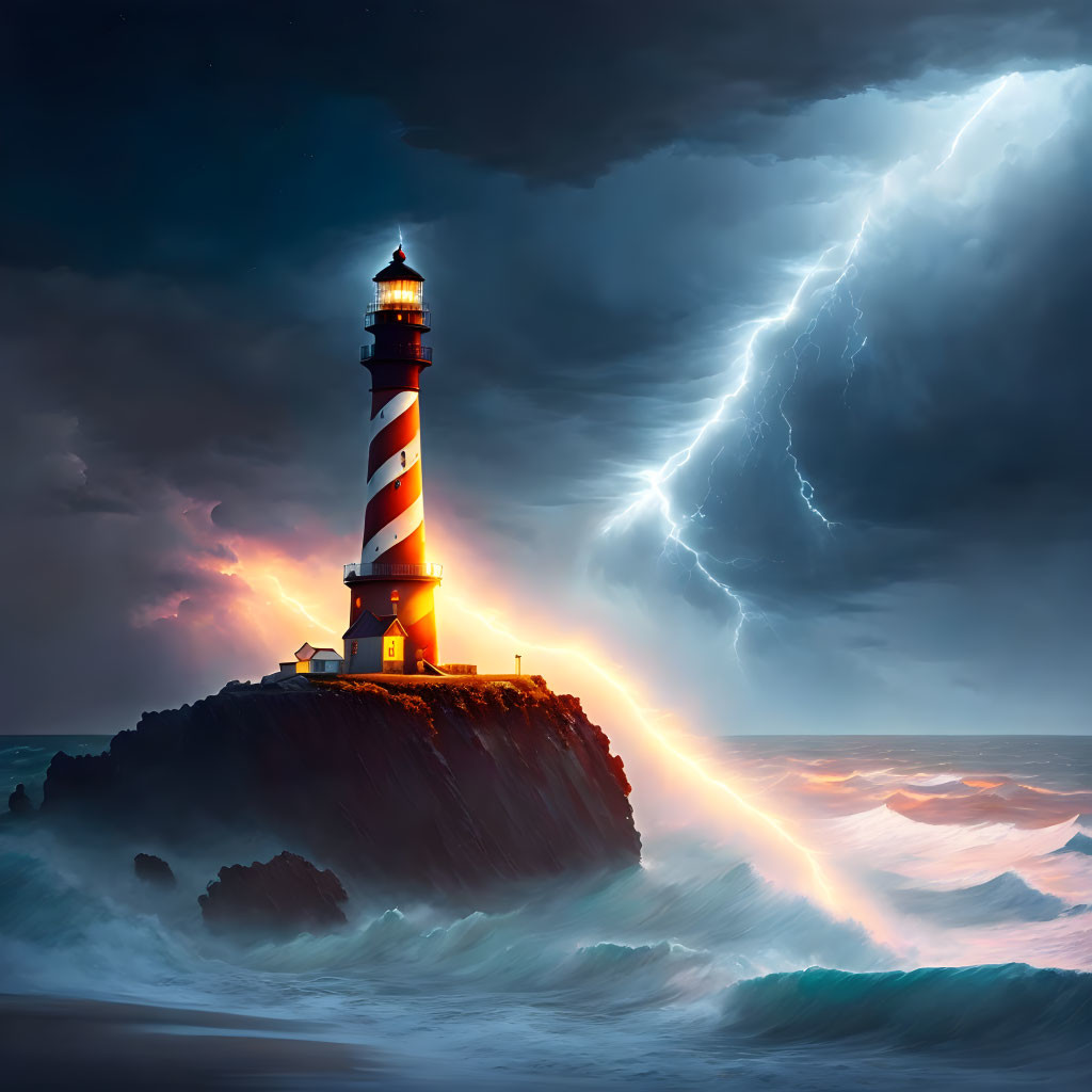 Dramatic red and white lighthouse on cliff in stormy weather