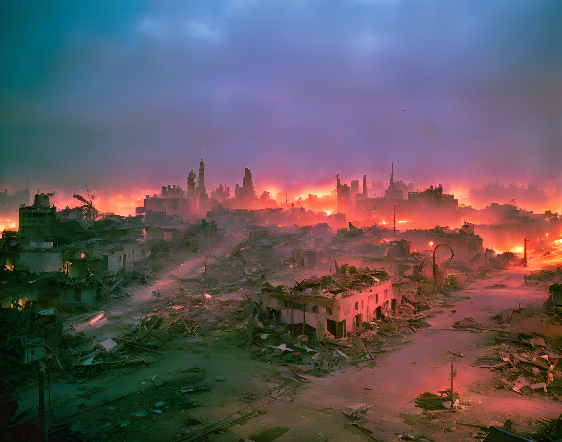 Destroyed cityscape at dusk or dawn with ruined buildings and ominous glow