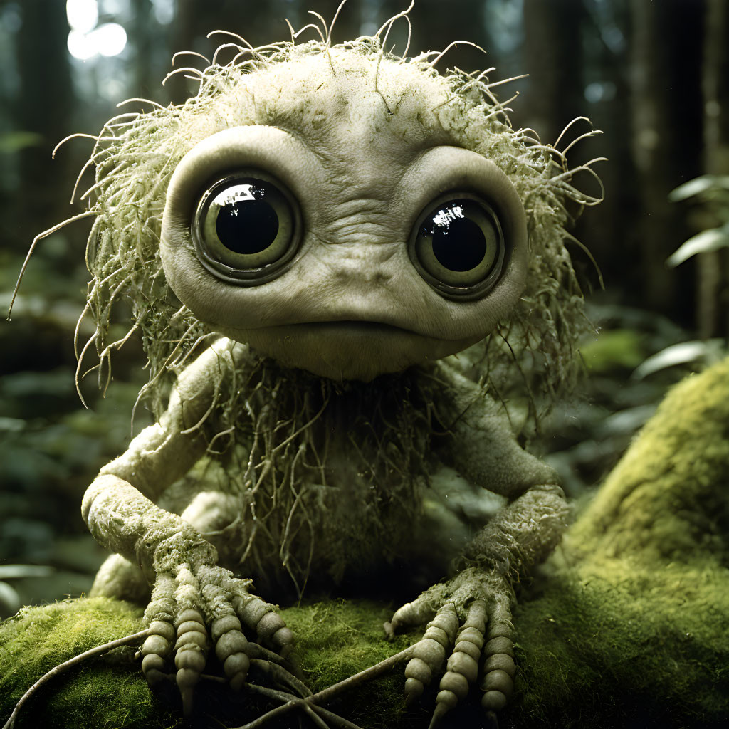 Moss-Covered Creature with Expressive Eyes in Misty Forest