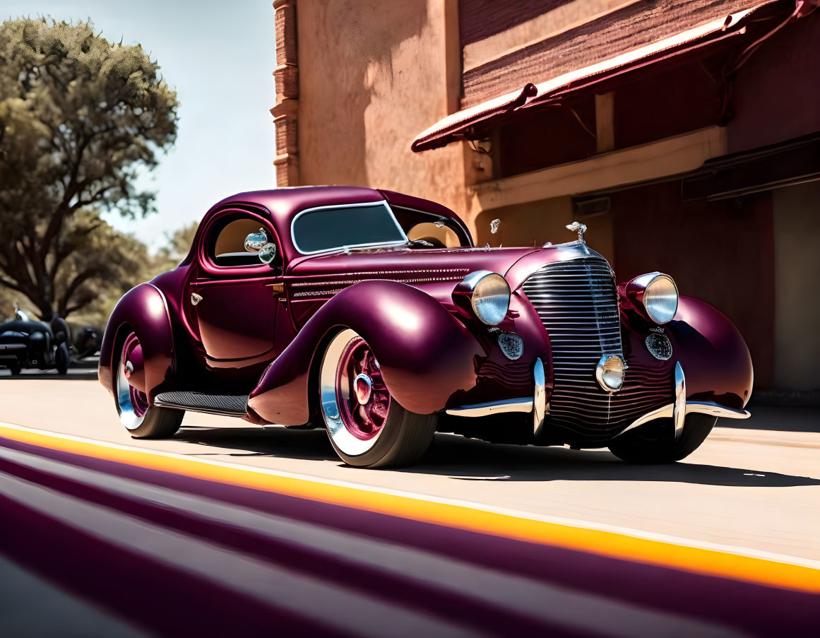 Vintage Purple Car with Streamlined Design and Chrome Details on Striped Road