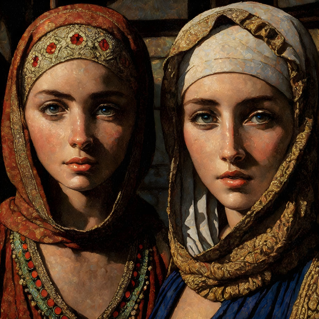 Women in traditional headscarves with jewels, solemnly gazing forward