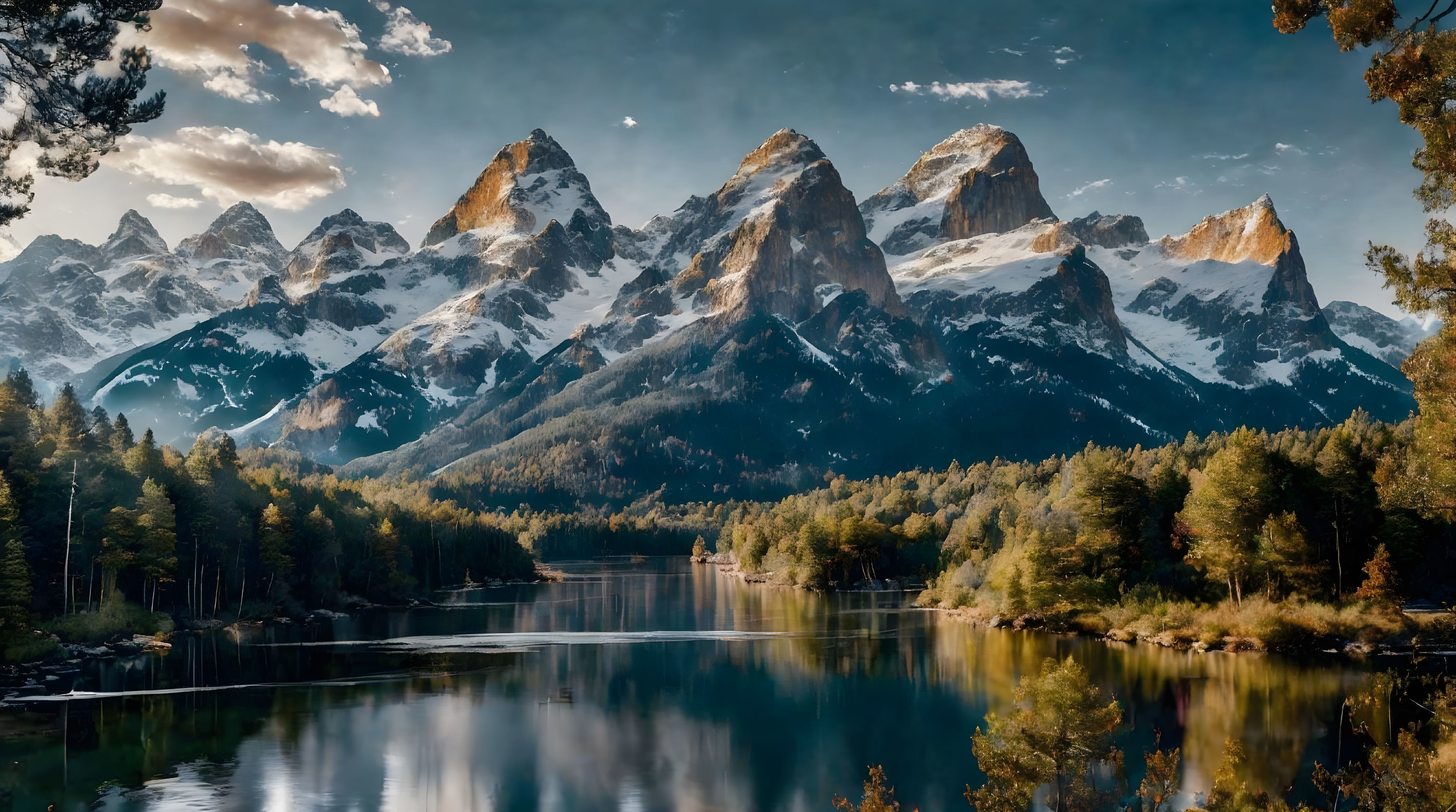 Snow-capped mountains and forest lake at sunset with golden sky