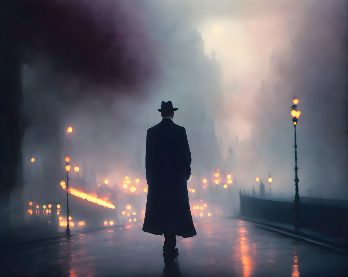 Mysterious figure in trench coat and hat in foggy urban setting