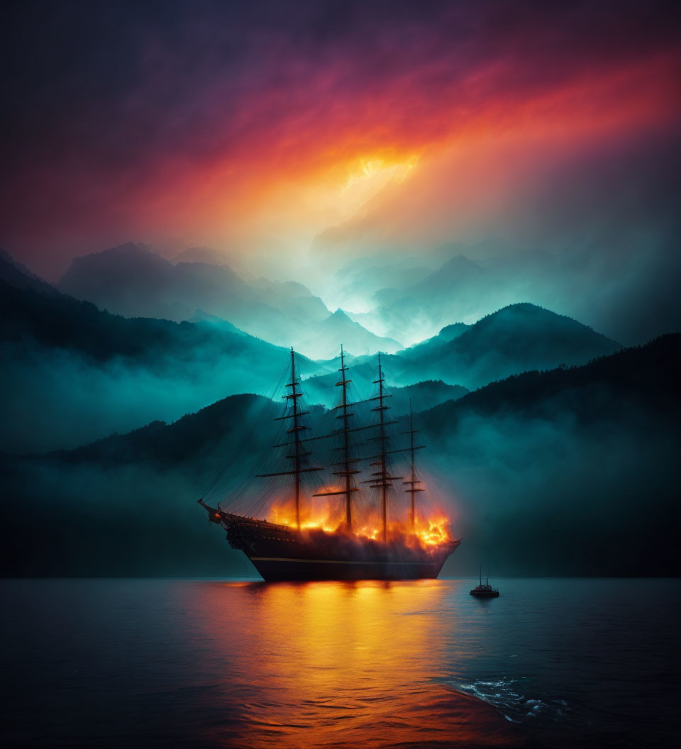 Burning ship on calm waters with misty mountain backdrop