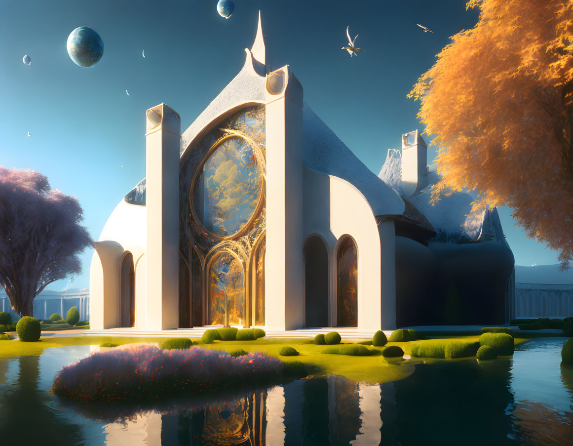 Fantasy castle with elegant arches, stained glass, lush gardens, orbs, bright sky