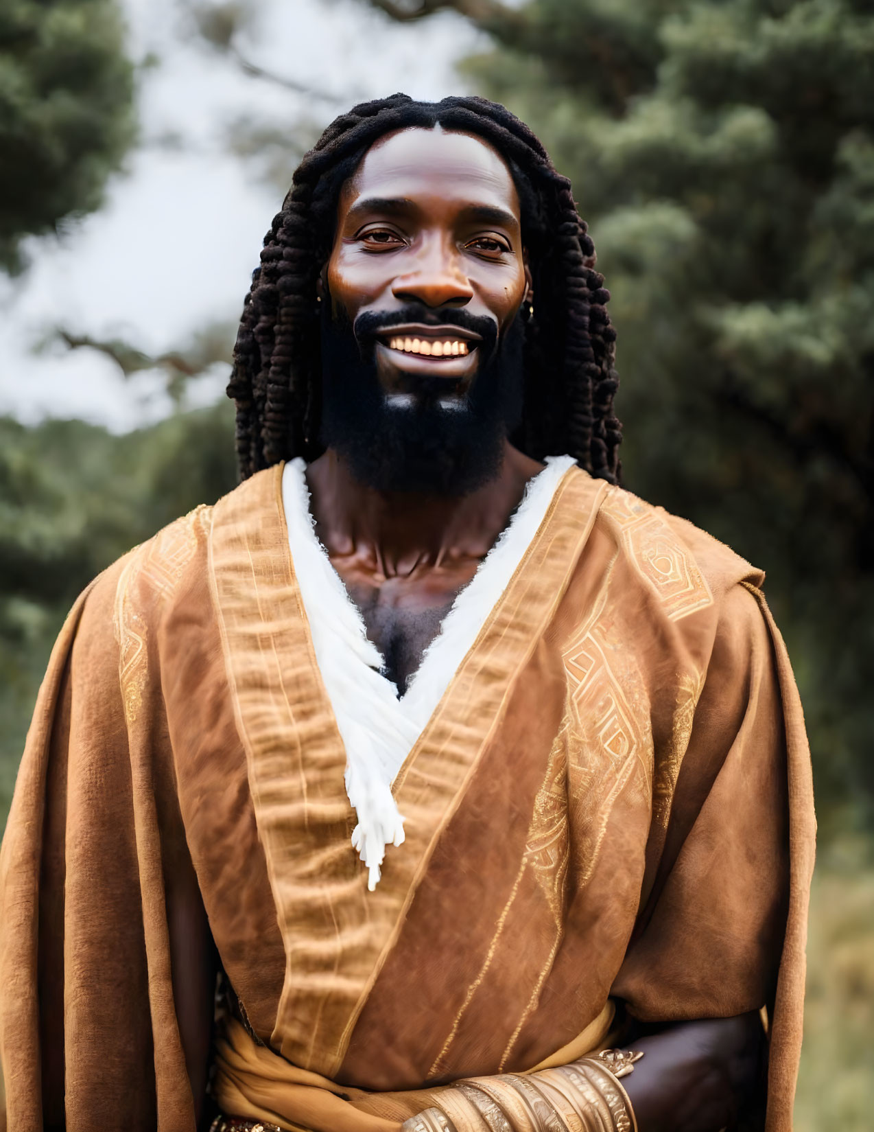 Smiling man with dreadlocks in brown robe against nature backdrop