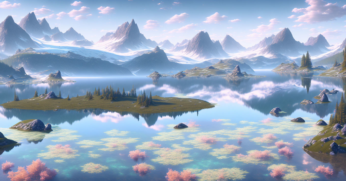 Tranquil lake scene with pink clouds, pine trees, islands, and mountains