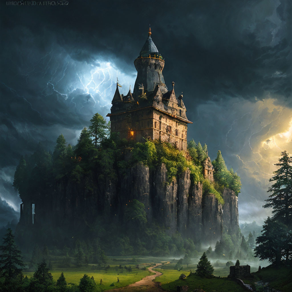 Majestic gothic castle on forested cliff under stormy skies