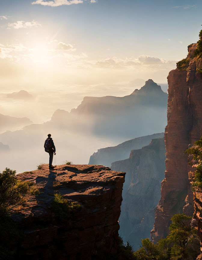 Person on cliff overlooking vast canyon with layered rock formations at sunset