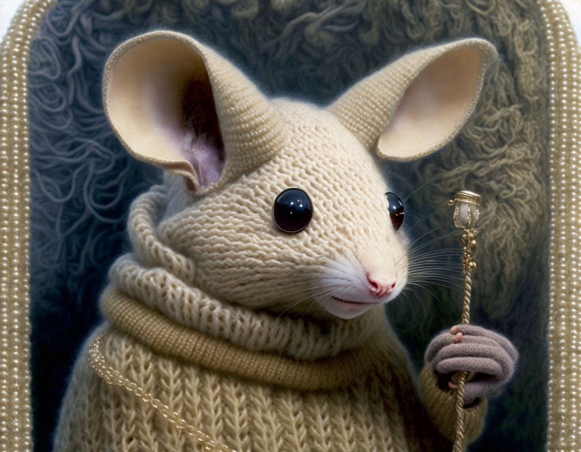 Anthropomorphic mouse in cozy sweater with glowing staff