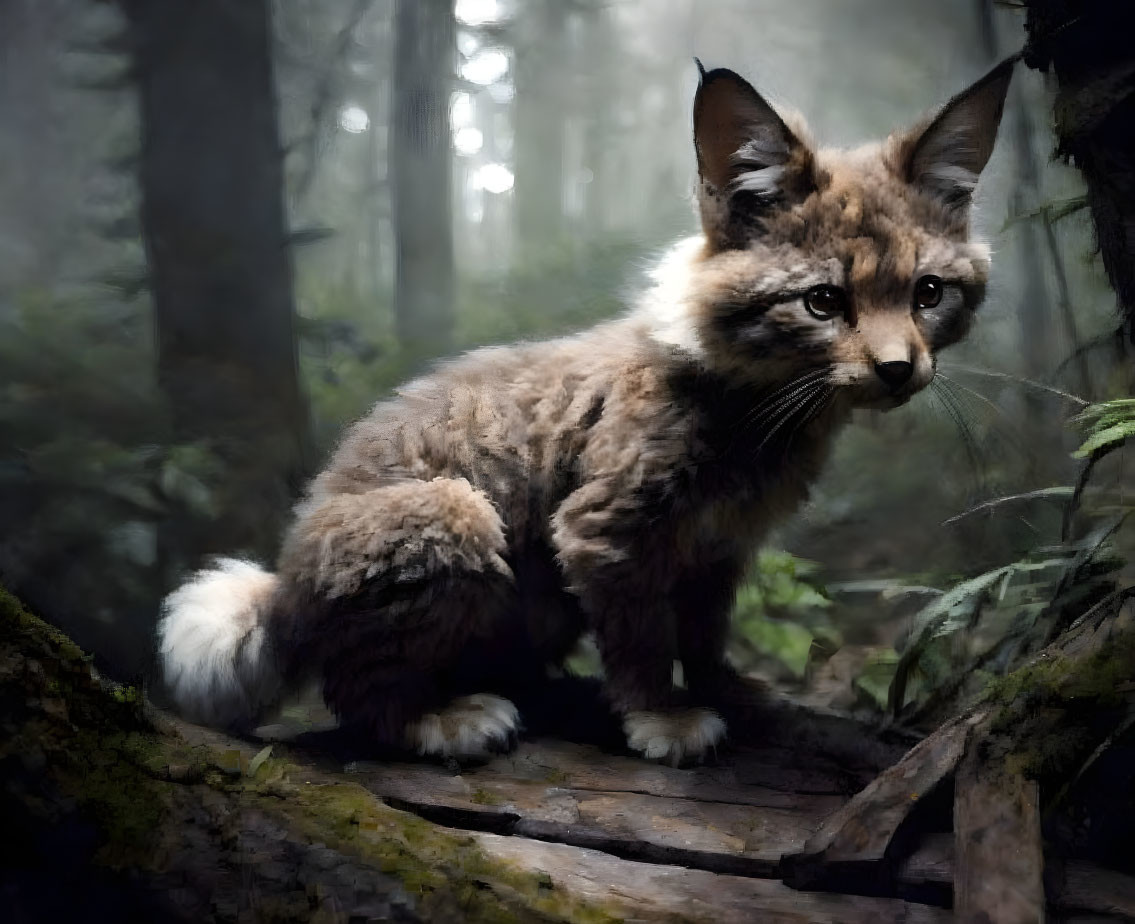 Mystical creature with cat body and fox face in foggy forest