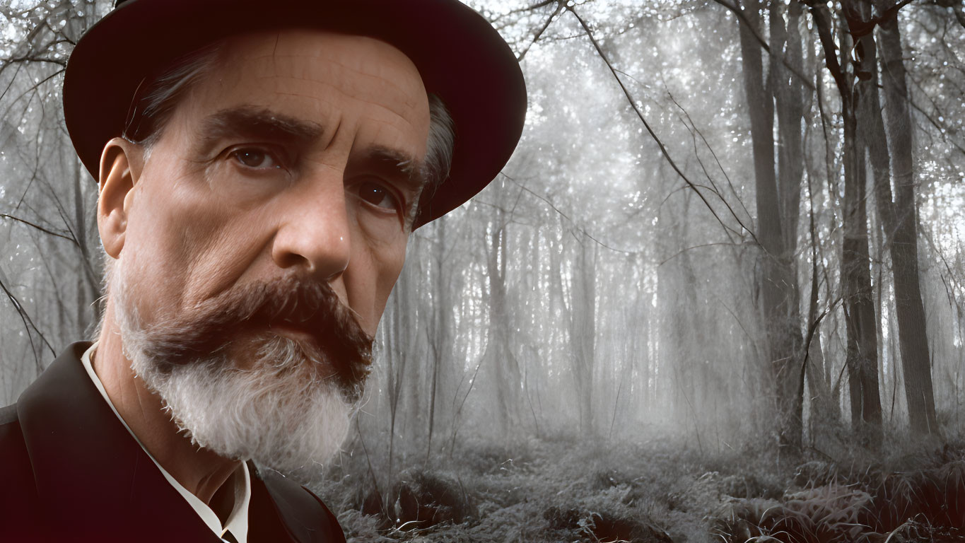 Man with mustache in hat and suit standing in foggy forest.