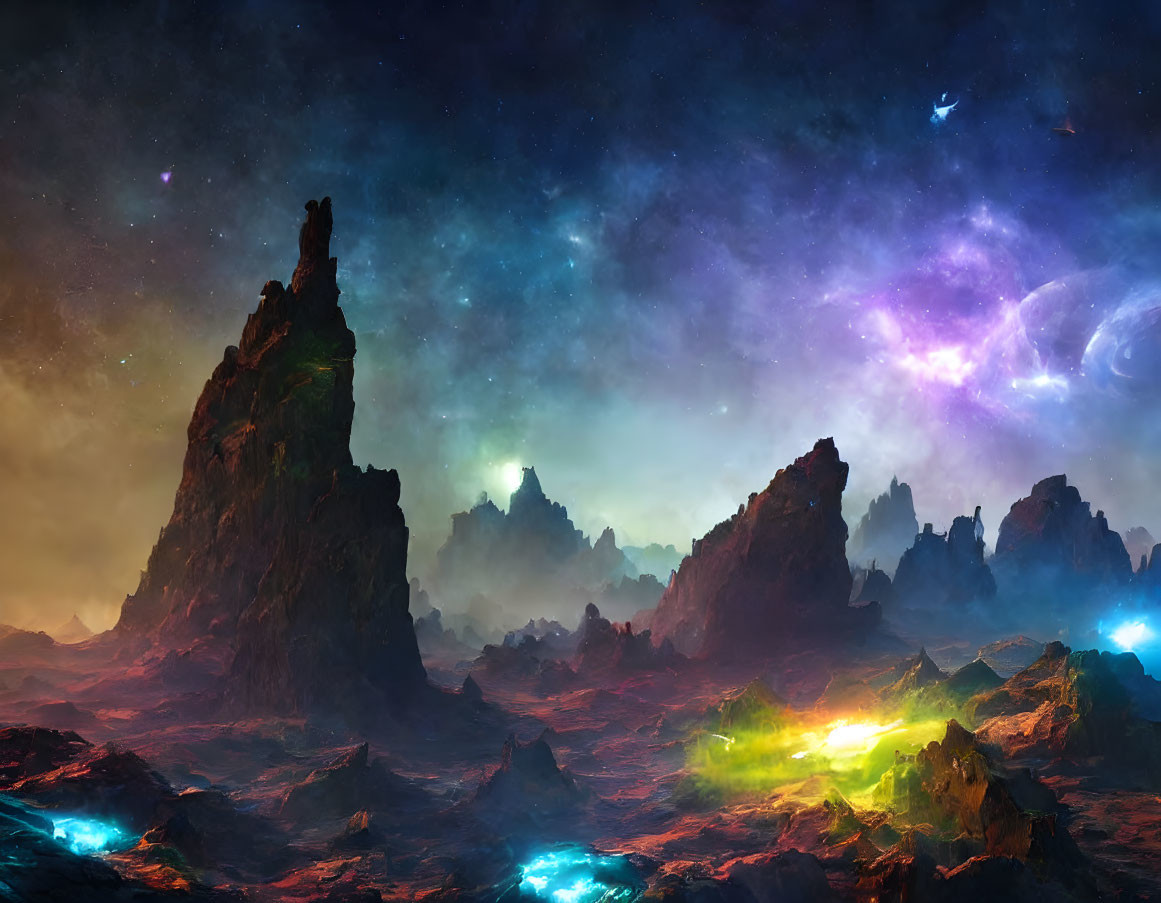 Vibrant space landscape with glowing nebulae and rocky formations