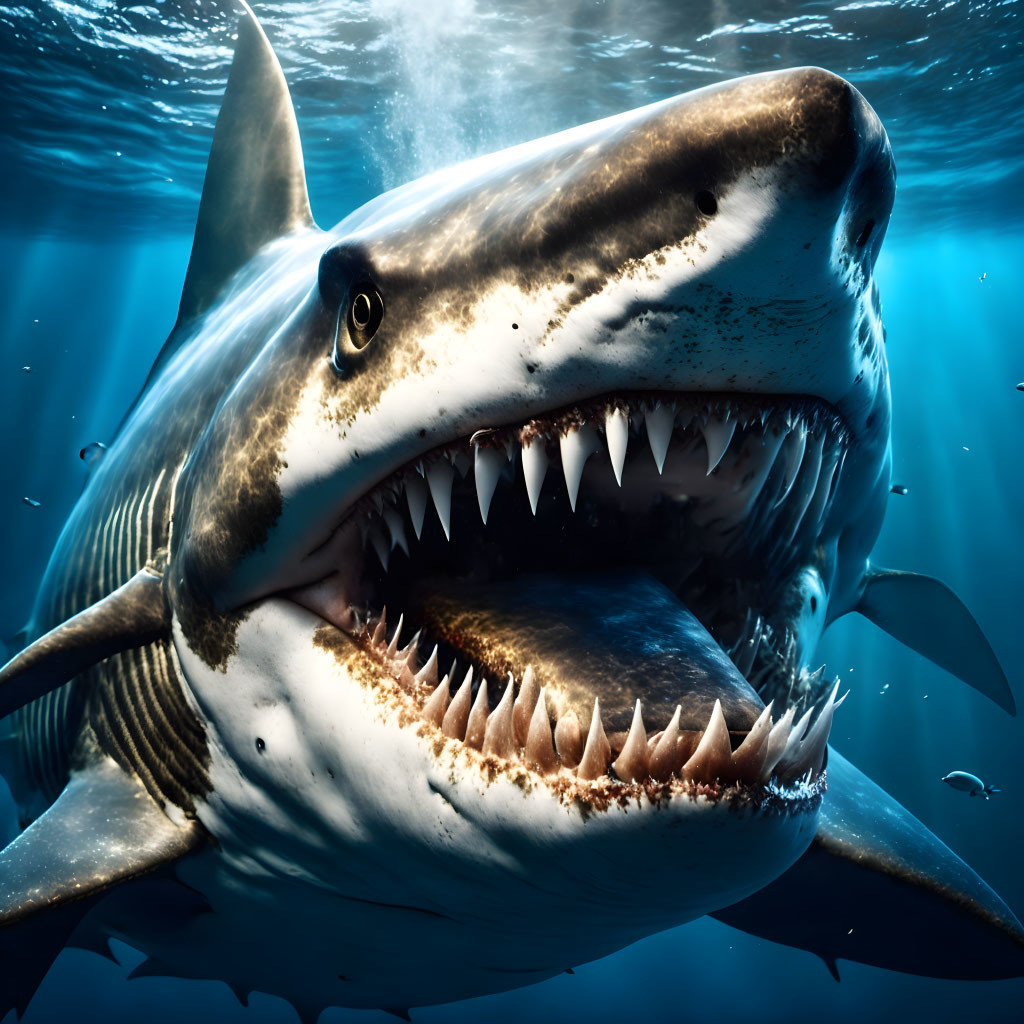 Great White Shark Close-Up: Open Mouth, Sharp Teeth, Underwater