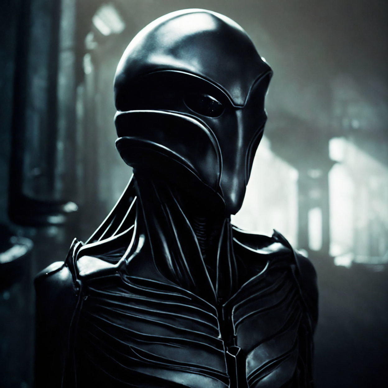 Futuristic black helmet and armor in industrial setting