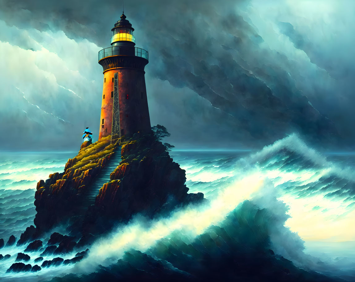 Digital artwork: Lighthouse on craggy coast in stormy seas